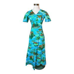 Royal Hawaiian VTG Maxi Dress Teal Floral 70s Barkcloth Sz 2/4 Volcano Palm